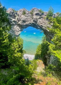 While exploring Mackinac Island, Michigan, Tim and Mona Ashmore encountered Arch Rock, a natural limestone feature that measures more than 50 feet wide.