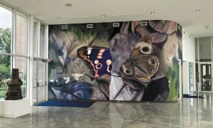 A large butterfly mural welcomed visitors to the “Lifespan” exhibition at the Daum Museum of Contemporary Art.