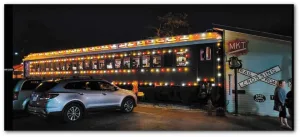 Dine in a renovated train car at Kehde’s BBQ.