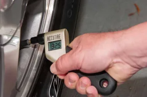 Use a tire gauge to check your RV's or tow vehicle’s tire pressures at least once a month even though the tires may have a TPMS installed.
